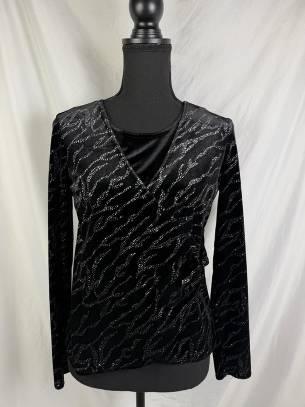 Y2K Black Velvet Wrap Top Petite S Sparkle V-Neck Party